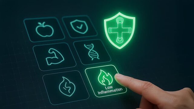 Low inflammation health icon selection with shield protection, DNA and muscle nutrition wellness symbols indicating longevity and healthy lifespan