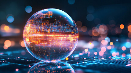 Light pulse traveling through a transparent data sphere with glowing circuits digital streams futuristic technology concept abstract visualization of information flow and connectivity