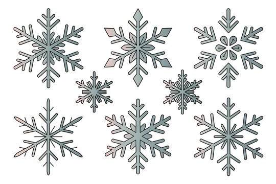 Assortment of seven stylized snowflakes in varying sizes and light blue-gray hues with subtle color gradients on a white background Keywords: snowflake, snow, winter, ice, crystal, cold, frost
