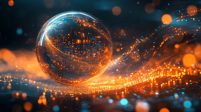 Light pulse traveling through a transparent data sphere with glowing circuits digital streams futuristic technology concept abstract visualization of information flow and connectivity