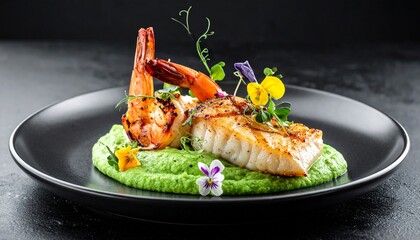 Grilled White Fish and Prawn on Green Pea Puree Garnished with Edible Flowers
