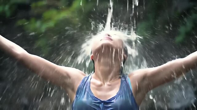 Young woman embracing the refreshing power of nature under a serene waterfall landscape