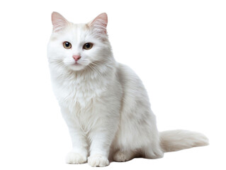 Cute white cat sitting elegantly indoors.