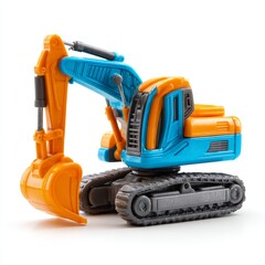 Obraz premium A colorful toy excavator in orange and blue, designed for children's play, isolated on a white background.