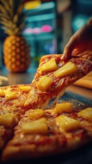 Tropical hawaiian pizza delight with pineapple and mozzarella cheese urban restaurant setting close-up view of sweet and savory flavor combinations