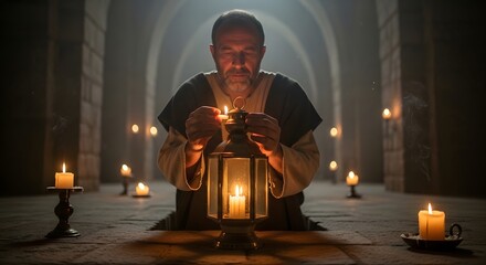 A man in medieval clothing lighting a candle inside a dimly lit stone hall with multiple candles on the table and walls, creating a mystical and historical atmosphere