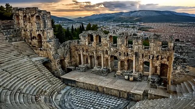 Panoramic view of the Odeon of Herodes Atticus ancient theater in Athens Greece