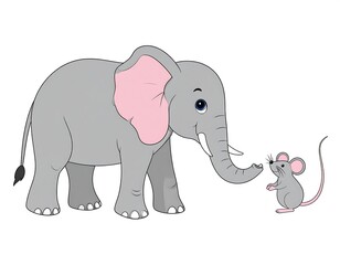 Large elephant and tiny mouse interacting on a white background