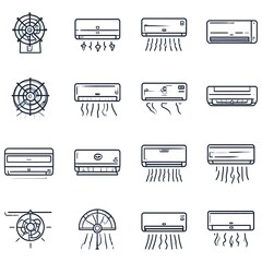 Line art icons depict various types of air conditioning units, including fan and split systems. Different designs and airflow shown