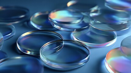 Closeup abstract view of scattered clear glass lenses with iridescent reflections on a blue background, creating a mesmerizing and futuristic aesthetic