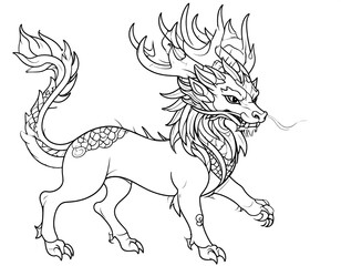 Line art of a mythical creature with antlers and scales