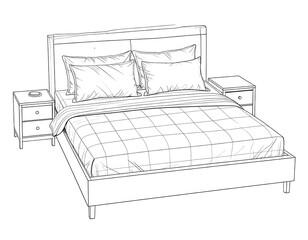 Line drawing of a modern bed with pillows, blanket, and two bedside tables