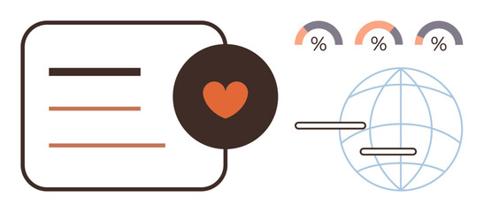 Heart symbol over text lines suggests connection, three percent arcs and globe indicate analytics, global outreach, data sharing. Ideal for community, connection, metrics, social impact, research