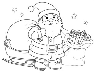 Line drawing of Santa Claus, gifts, and a sleigh, ready for coloring