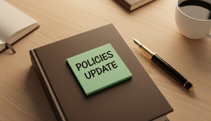 Green notepad with words “POLICIES UPDATE” stuck on  a book beside a pen
