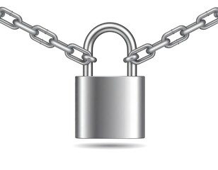 Metallic padlock with attached chains on a white background