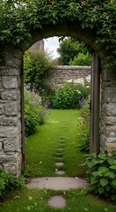 A charming garden pathway viewed through an ancient stone archway covered with lush greenery and vibrant flowers, leading to a peaceful outdoor space surrounded by trees and shrubs