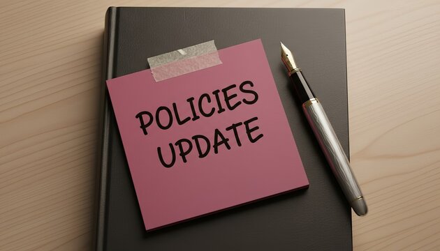 Pink notepad with words “POLICIES UPDATE” stuck on a book beside a pen