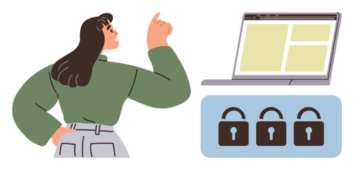 Woman pointing at a laptop screen representing internet use with a focus on data security, surrounded by padlocks. Ideal for tech, privacy, cybersecurity, awareness, education, web safety, modern