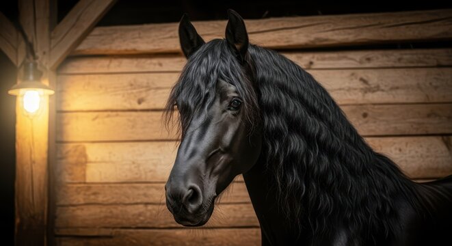 Ethereal beauty of a black friesian horse captured under gentle stable light exposition
