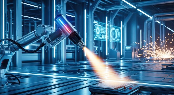 Futuristic industrial robotic arm precise welding with sparks in advanced factory setting