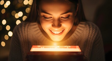 Excited woman opening Christmas gift box with magical glowing light.