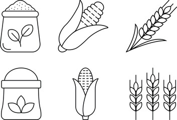 Minimalist Line Art Icons of Agricultural Crops and Grain Products