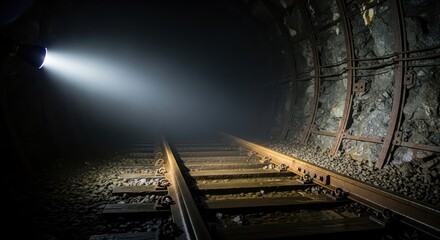 Illuminating the Unknown: A solitary beam pierces the darkness in a mysterious tunnel revealing an