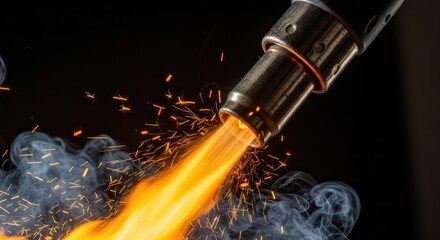 Intense heat emission from a industrial blowtorch apparatus with flying sparks and smoke on black