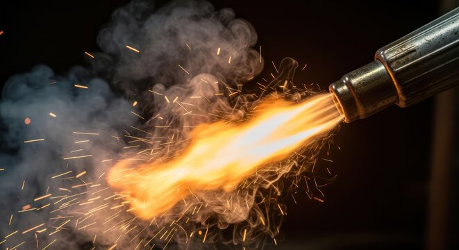 Intense flames emanating from a metal nozzle creating a dazzling fire display