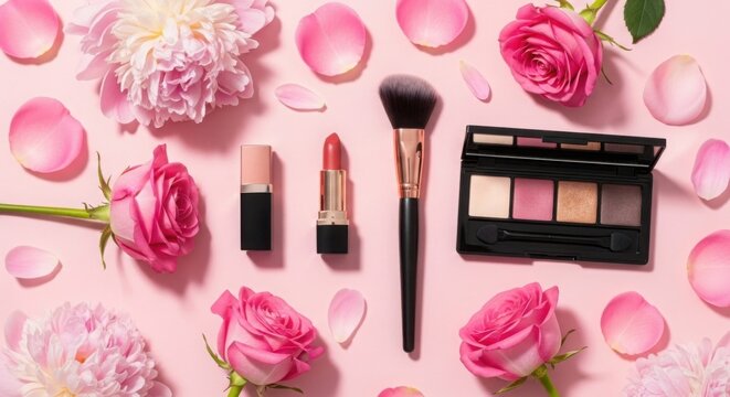 Makeup cosmetics products with pink roses, peonies, and petals on a pink background. - Powered by Adobe