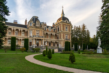 Elegant Historic Mansion with Manicured Garden and Statues - Classic European Architecture and...