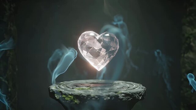 Translucent skull relic glows softly while floating above an ancient mossy pedestal in a dim underwater chamber