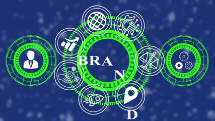 Brand Technology Concept Animation marketing strategy concept Brand System on Blue Digital Background.