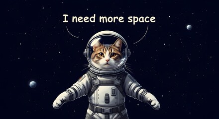A cute cat dressed as an astronaut floating in space with a speech bubble saying 'I need more space' amidst stars and planets in the background