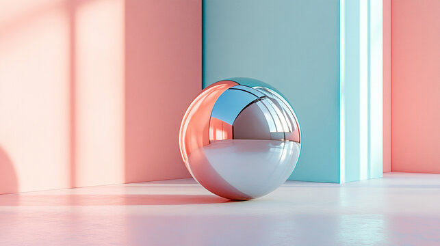 Shiny metallic orb reflecting a soft pastel environment, capturing delicate colors, subtle light, surreal reflections, and harmonious, dreamlike visual aesthetics.
