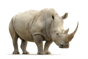 Obraz premium A magnificent rhinoceros stands majestically in full profile against a pristine white background, showcasing its powerful and imposing presence. The animal's distinctive large horn and thick, rugged s