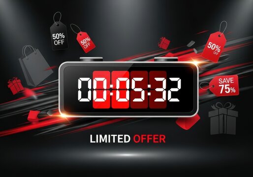 Digital timer countdown with sale tags and gift boxes clock