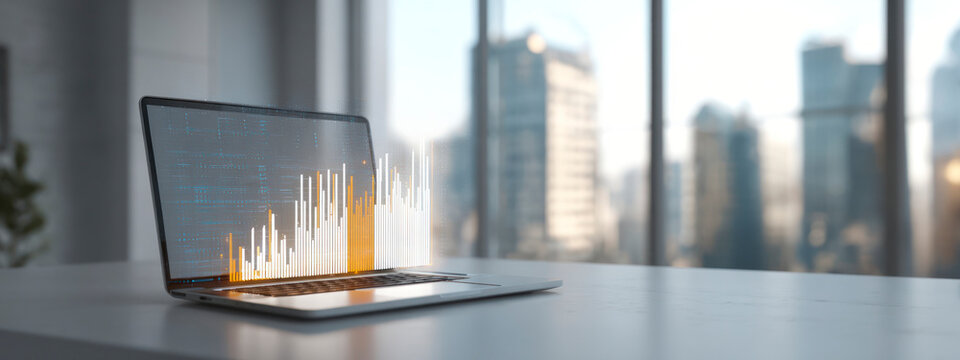 Futuristic laptop with glowing holographic bar chart on desk in modern office with glass windows. Concept of finance, innovation, technology, and data growth. banner 