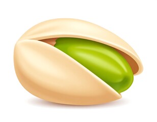 Digitally rendered pistachio nut, open, revealing a vibrant green kernel