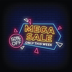 mega sale neon signboard with brick wall background vector