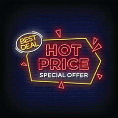 hot price neon signboard with brick wall background vector