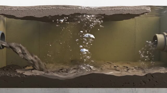 Cross-section illustration of wastewater treatment process, showing inflow, aeration, and outflow.