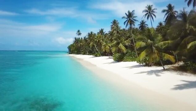 A tropical beach with turquoise water, white sand, and palm trees under a sunny sky, symbol of serenity and escape, editorial style with idyllic coastal energy.