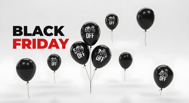 Creative Black Friday sale background featuring black balloons with discount percentages such as 20%, 30%, 45%, 50%, 70%, and 90% off. Minimalist 3D render with white background, black friday ads