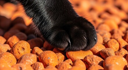 Close-up of a glossy black cat paw resting gently on a textured surface of terracotta pebbles