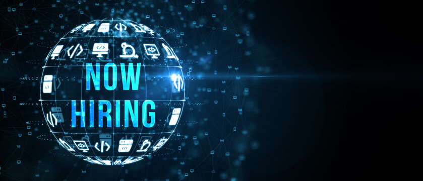 Business, Technology, Internet and network concept. NOW HIRING inscription, modern technology business concept. 3d illustration