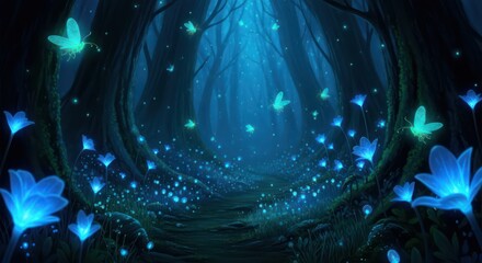 Enchanted ethereal forest pathway with bioluminescent flora and mystical creatures