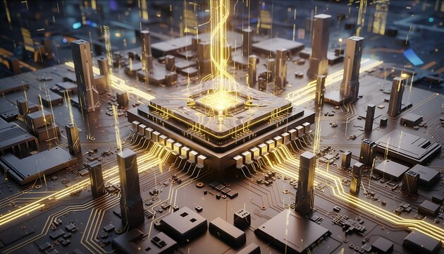 Futuristic digital circuit board with a central processor, glowing with golden energy, representing interconnected data flow