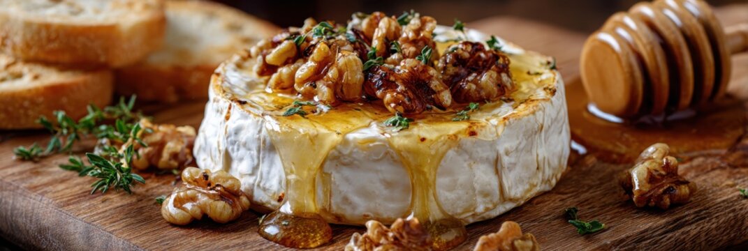 Baked Brie Cheese with Walnuts and Honey Drizzled on a Wooden Board with Bread Slices image photo